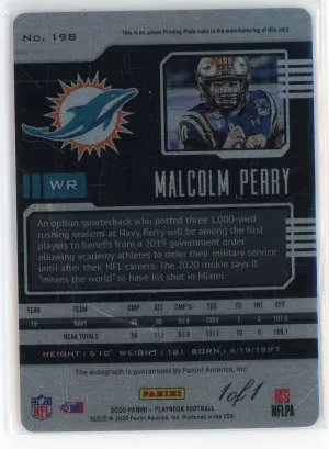 2020 Panini Playbook #198 Malcolm Perry Rookies Signatures Printing Plates Cyan 1/1 back