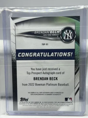 2022 Bowman Platinum Brendan Beck Rookie Prospect Auto RC Card #TOP-91 Yankees back