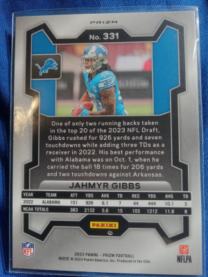 Jahmyr Gibbs Prizm Checkerboard No.331 back