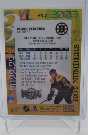 2022-23 Skybox Metal Universe Hockey Patrice Bergeron Hot Numbers #HN-2 Case Hit back