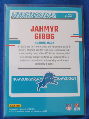 Jahmyr Gibbs Rated Rookie press proof  yellow parallel  card #331 back