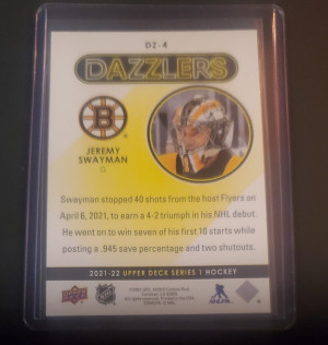 Jeremy Swayman upper deck Dazzlers RC back