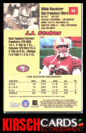 J.J. Stokes 1999 Bowman's Best #68 Refractors #/400 San Francisco 49ers back