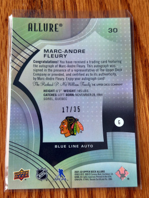 2021-22 Allure Marc-Andre Fleury #30 Blue Line Auto 17/35 Blackhawks back