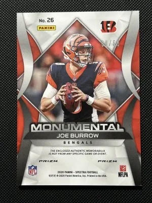 Joe Burrow 2020 Panini Spectra Neon Blue Monument Rookie Jersey RC 08/60 Bengals back