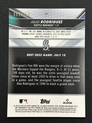 Julio Rodriguez 2022 Bowman Best BLUE Refractor Rookie /150 Mariners #23 C48 back