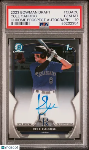 2023 Bowman Draft Chrome Prospect Autograph Cole Carrigg #CDACC PSA 10 front