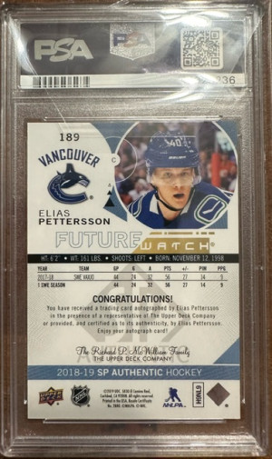 2018 SP Authentic Future Watch Auto #189 Elias Pettersson PSA 10 back