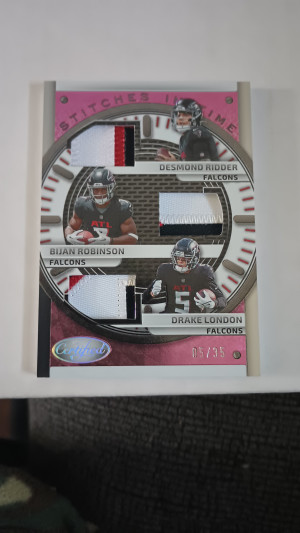 2023 Certified Desmond Ridder Bijan Robinson Drake London Triple Patch 5/35 Londons Jersey Number. front