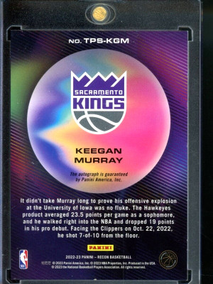 2022-23 Recon Keegan Murray RC /10 Rookie Gold True Potential Signatures Auto back