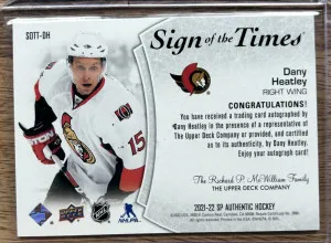 2021-22 SP Authentic Sign of the Times Dany Heatley #SOTT-DH Auto back