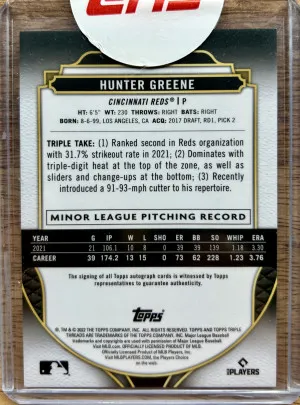 Hunter Greene 2022 topps rc auto /50 back