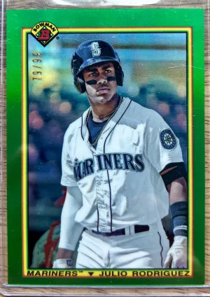 2020 Bowman 1990 Green Refractor /99 Julio Rodriguez #90B-JR front