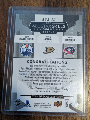 Ryan Nugent-Hopkins Ryan Getzlaf Ryan Johansen all star skills fabrics triple back