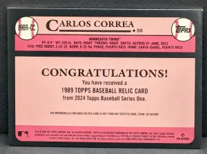 2024 Topps 1989 Topps Relics Black /199 #89BR-CC Carlos Correa Twins Relic /199 [480|89BR-CC] back
