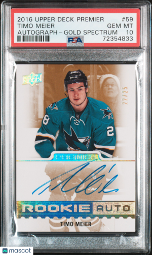 2016 Upper Deck Premier Timo Meier Rookie Auto /25 #59 PSA 10 front
