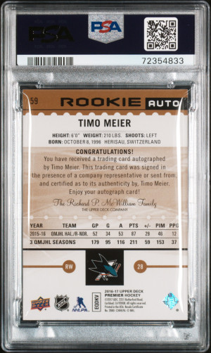 2016 Upper Deck Premier Timo Meier Rookie Auto /25 #59 PSA 10 back