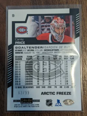 Carey Price Arctic Freeze /99 OPC Platinum back
