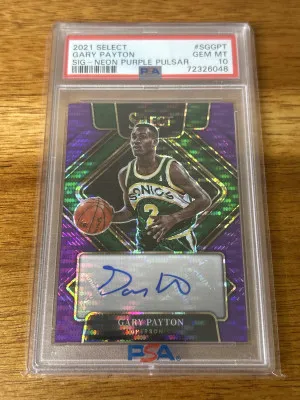 2021 Select Gary Payton Signatures Neon Purple Pulsar 2/15 #SGGPT (number match) front