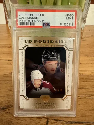 Cale Makar 2019-20 Upper Deck  UD Portraits Rookies RC Gold /99 PSA 9 (Pop 16) front