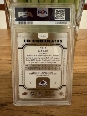 Cale Makar 2019-20 Upper Deck  UD Portraits Rookies RC Gold /99 PSA 9 (Pop 16) back