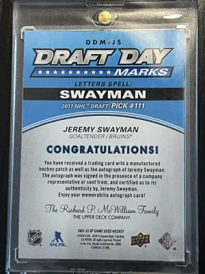 Jeremy Swayman Draft Day Marks /35 back