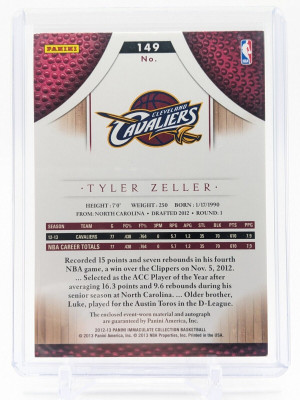 Tyler Zeller /99 2012-13 Panini Immaculate #149 RPA Rookie Patch Auto RC back