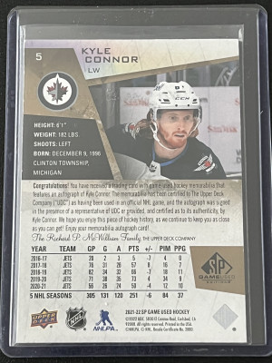 Kyle Connor jersey Auto /65 back