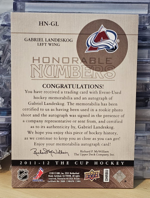 2011-12 Upper Deck The Cup Honorable Numbers Autograph Gabriel Landeskog HN-GL 84/92 back