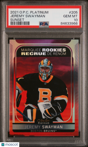2021-22 O-Pee-Chee Platinum Jeremy Swayman Sunset Rookie #205 PSA 10 POP 2 front