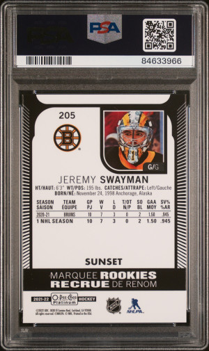 2021-22 O-Pee-Chee Platinum Jeremy Swayman Sunset Rookie #205 PSA 10 POP 2 back