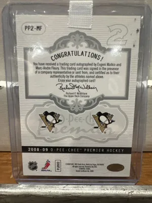 2008-09 O-Pee-Chee Premier Evgeni Malkin/Marc-Andre Fleury Duos Autograph Dual Auto /75 back
