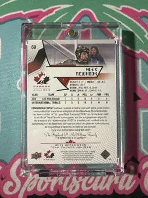 2019 Upper Deck Team Canada Juniors #69 Alex Newhook RPA Rookie Patch Auto /199 RC back
