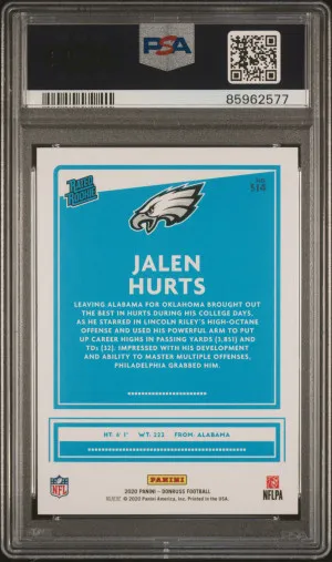 2020 Panini Donruss Jalen Hurts #314 Rookie RC PSA 10 back