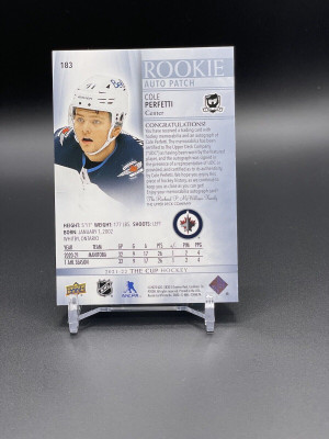 2021-22 Upper Deck The Cup Hockey Cole Perfetti Rookie Auto Patch 017/249 Jets back