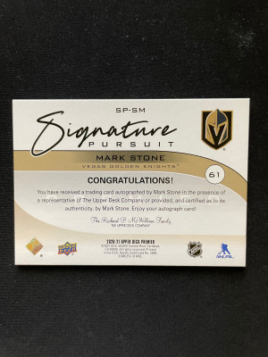 2021-22 UD Premier Signature Pursuit MARK STONE Auto 18/35 Golden Knights back