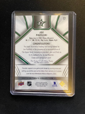 2021/22 UD ULTIMATE COLLECTION JOE PAVELSKI AUTO AUTOGRAPH #17 STARS back