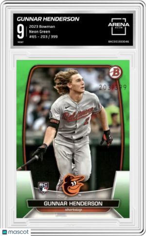 Gunnar Henderson #65 Neon Green /399 RC 2023 Bowman Graded Baseball Card | AC 9 front