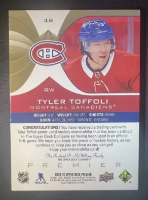 Tyler Toffoli 2021 Premier Fight Strap 2/5 back