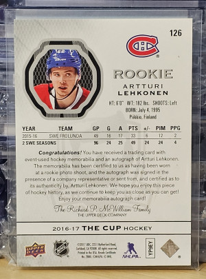 🔥 2016-17 Upper Deck The Cup 082/249 Artturi Lehkonen #126 3clr Rookie Patch Autograph RPA back