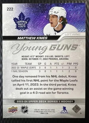 2023-24 #222 Matthew Knies Young Guns RC Toronto Maple Leafs Rookie back
