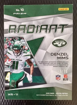 2020 Panini Prizm Spectra Denzel Mims #10 Auto - Patch /75 RC back