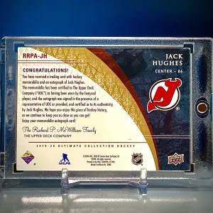 Jack Hughes 2019-20 Ultimate Rookie Auto Patch Retro 42/49 back