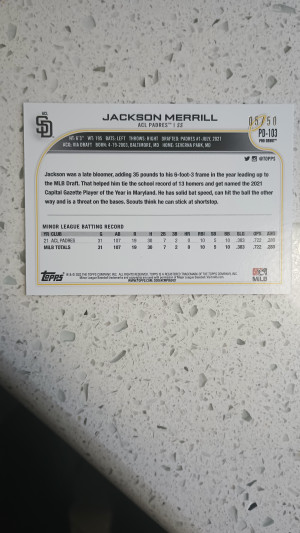2022 Topps Jackson Merrill Gold Pro Debut/50 back