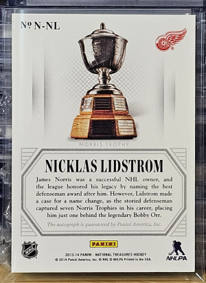 2013-14 Panini National Treasures 04/25 Niklas Lidstrom Treasured Trophies Autograph #N-NL back