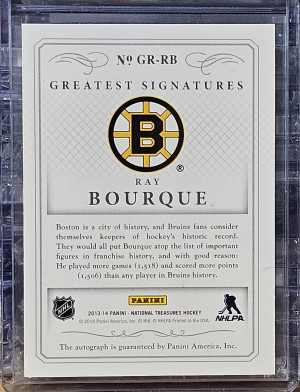 2013-14 Panini National Treasures 12/25 Greatest Signatures Autograph Ray Bourque #GR-RB back