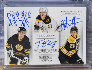 2013-14 Panini National Treasures 07/49 Past, Present, & Future Triple Autograph Ray Bourque Torey Krug Dougie Hamilton #PF-BKH front