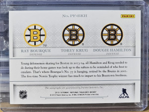 2013-14 Panini National Treasures 07/49 Past, Present, & Future Triple Autograph Ray Bourque Torey Krug Dougie Hamilton #PF-BKH back