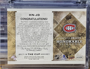2017-19 Upper Deck The Cup 62/92 Honorable Numbers Autograph Dual 3clr Patch #HN-JD back