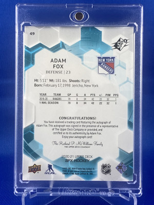 2020-21 Upper Deck SPX AUTO Adam Fox #49 back